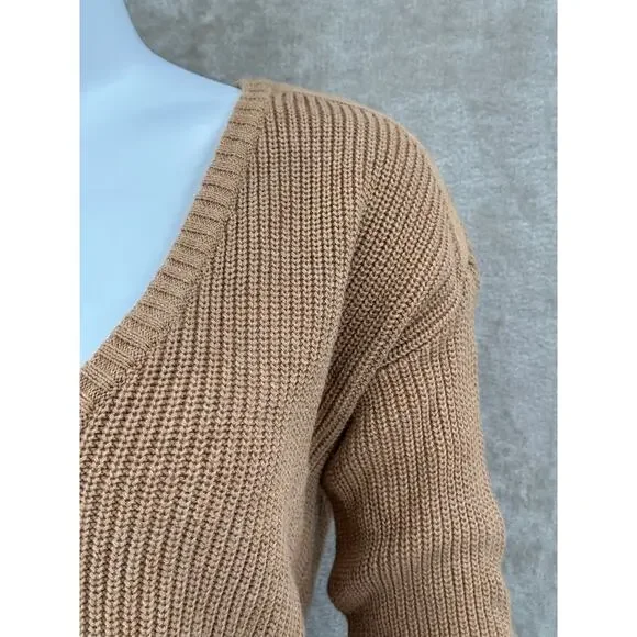 Minnie Rose Sweater Womens Small Tan Knit V-Neck‎ 100% Cotton Minimalist Autumn - Picture 2 of 12